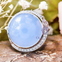 Round Cabochon & CZ Stone Halo Party Wear Ring