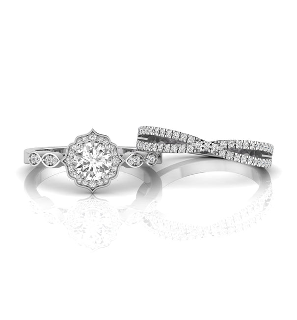 Round Moissanite Halo Criss Cross Bridal Ring Set