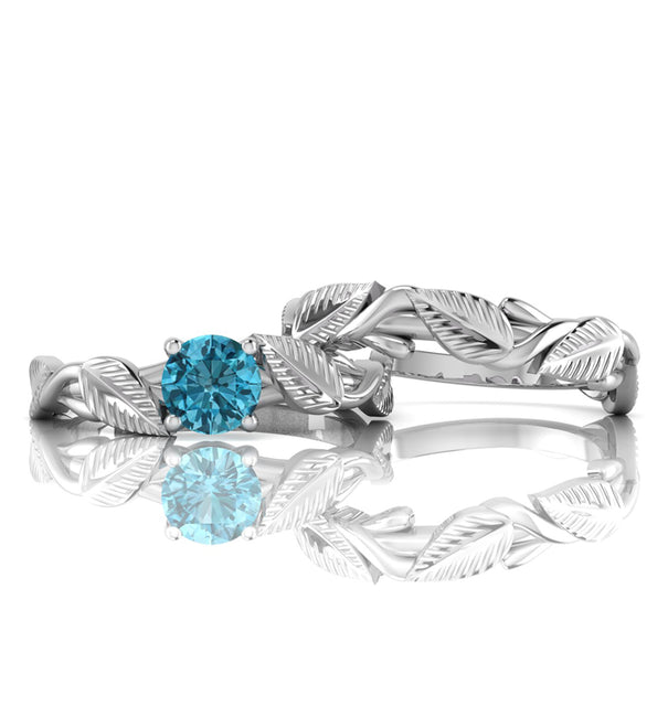 Round CZ Stone Solitaire Leaf Inspire Twig Ring Set