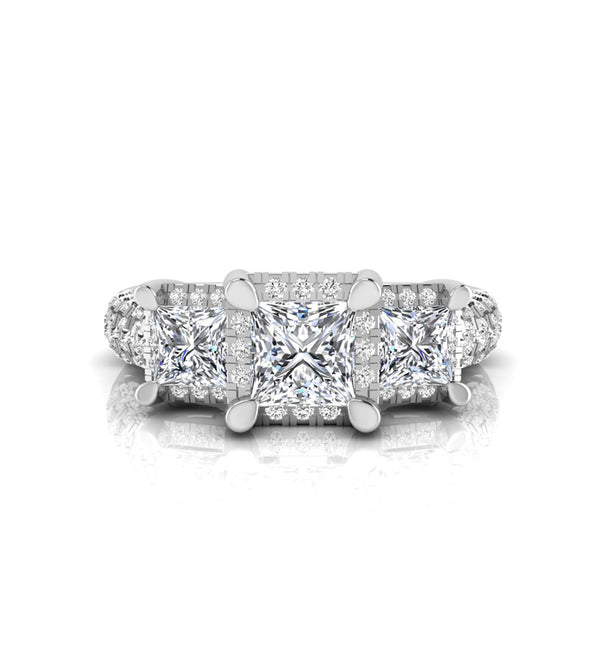 Princess CZ Three Stone Halo Engagement Ring