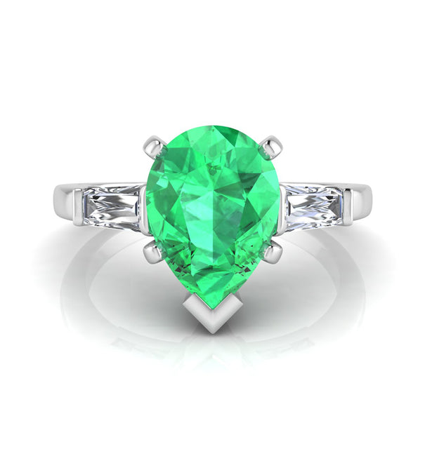 Green Pear & Baguette Cut CZ Three Stone Ring