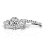 Oval & Round CZ Three Stone Halo Bridal Ring Set