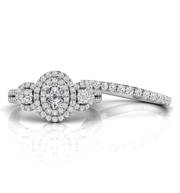 Oval & Round CZ Three Stone Halo Bridal Ring Set