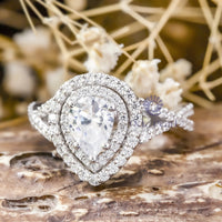 Double Halo Twisted Shank Pear Cut Moissanite Wedding Ring