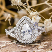 Double Halo Twisted Shank Pear Cut Moissanite Wedding Ring