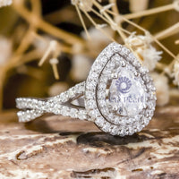 Double Halo Twisted Shank Pear Cut Moissanite Wedding Ring