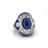 Blue Oval Cut CZ Stone Halo Milgrain Art Deco Ring