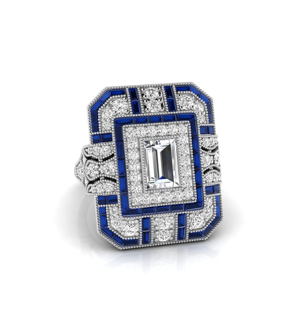 Emerald Cut CZ Stone Double Halo Art deco Dinner Ring