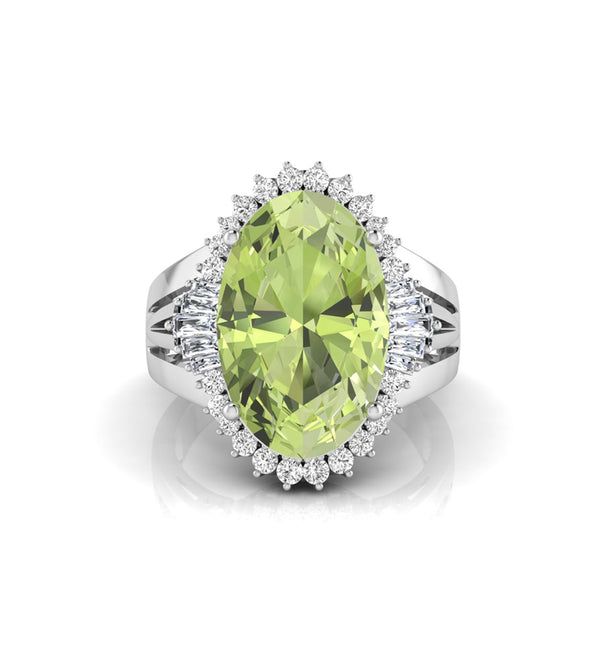 Peridot Oval Cut CZ Stone Halo Three Shank Ring