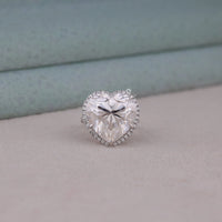 Heart-shaped diamond ring on a soft fabric background, Round Halo Engagement Ring For Women, Sparkling Heart Moissanite With Halo Setting, Classic Moissanite Engagement Wedding Ring