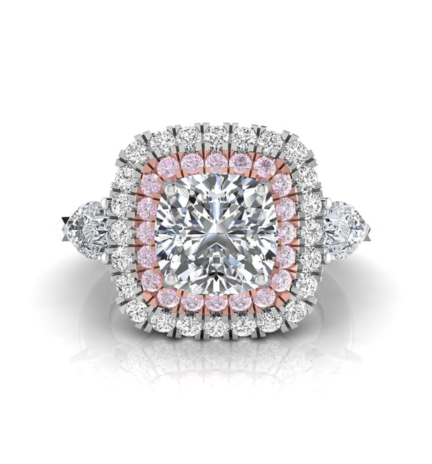 Cushion & Pear CZ Three Stone Double Halo Ring