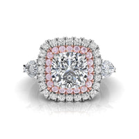 Cushion & Pear CZ Three Stone Double Halo Ring