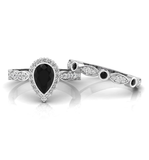 Black Pear Cut CZ Stone Halo Wedding Ring Set