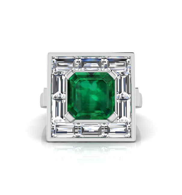 Green Asscher & Baguette CZ Stone Square Halo Ring