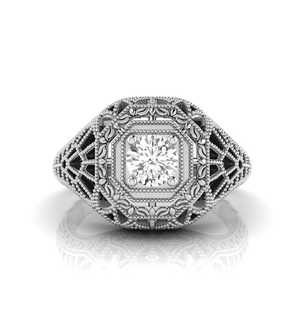 Round Moissanite Spider Engrave Filigree Art Deco Ring