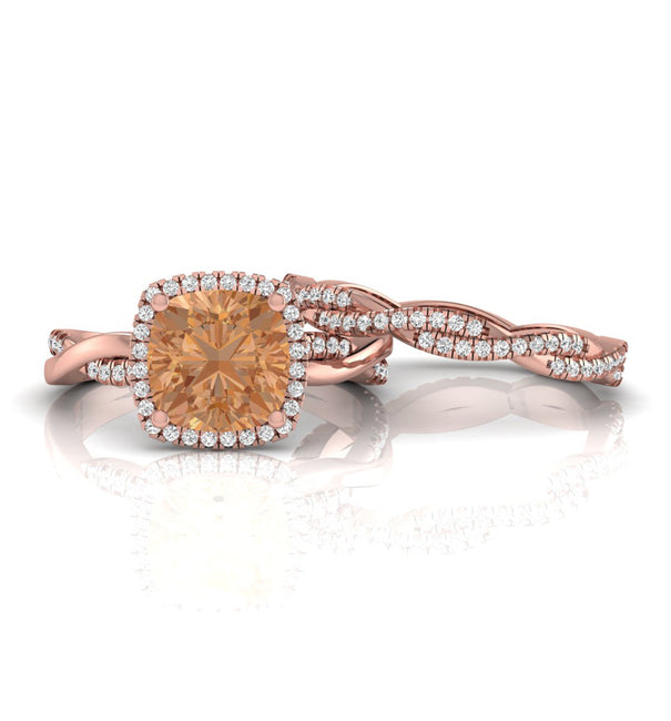 Morganite Cushion CZ Stone Halo Twisted Ring Set