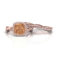 Morganite Cushion CZ Stone Halo Twisted Ring Set