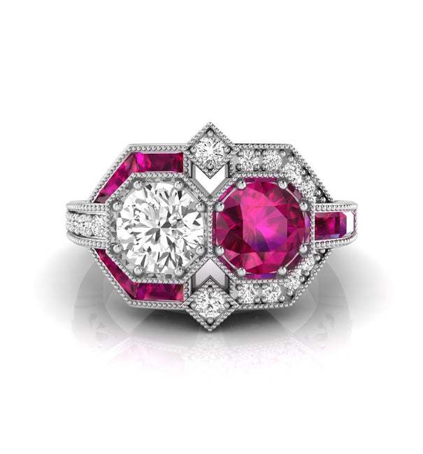 Pink & White Round CZ Two Stone Milgrain Art Deco Ring