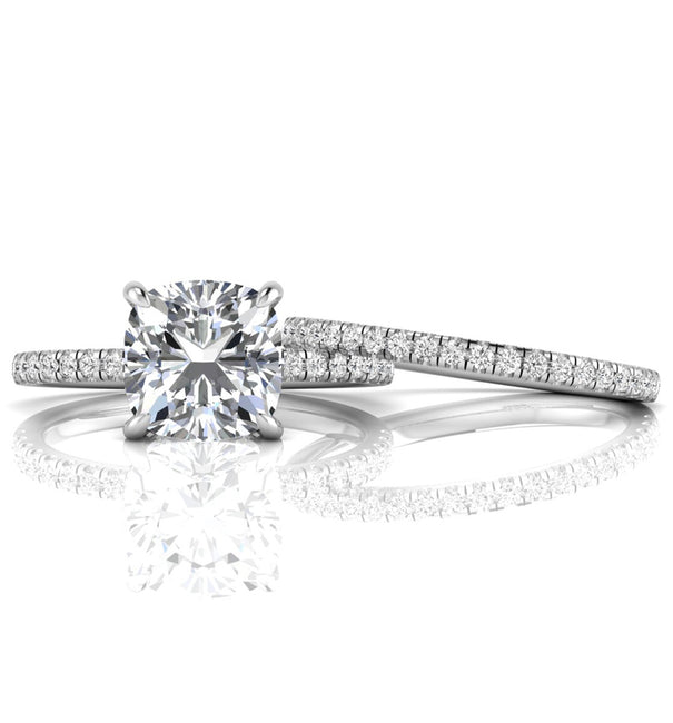 Cushion Cut Moissanite Hidden Halo Bridal Ring Set