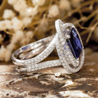 Blue sapphire Asscher Cut CZ Stone Spiral Halo Split Shank Ring For Women