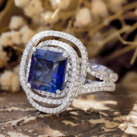 Blue sapphire Asscher Cut CZ Stone Spiral Halo Split Shank Ring For Women