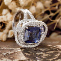 Blue sapphire Asscher Cut CZ Stone Spiral Halo Split Shank Ring For Women