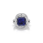 Blue sapphire Asscher Cut CZ Stone Spiral Halo Split Shank Ring For Women