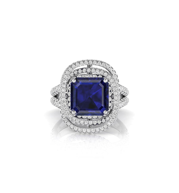 Blue sapphire Asscher Cut CZ Stone Spiral Halo Split Shank Ring For Women