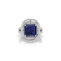 Blue sapphire Asscher Cut CZ Stone Spiral Halo Split Shank Ring For Women