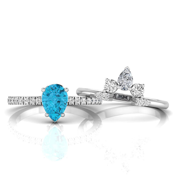 Aquamarine Pear CZ Stone Curved Bridal Ring Set