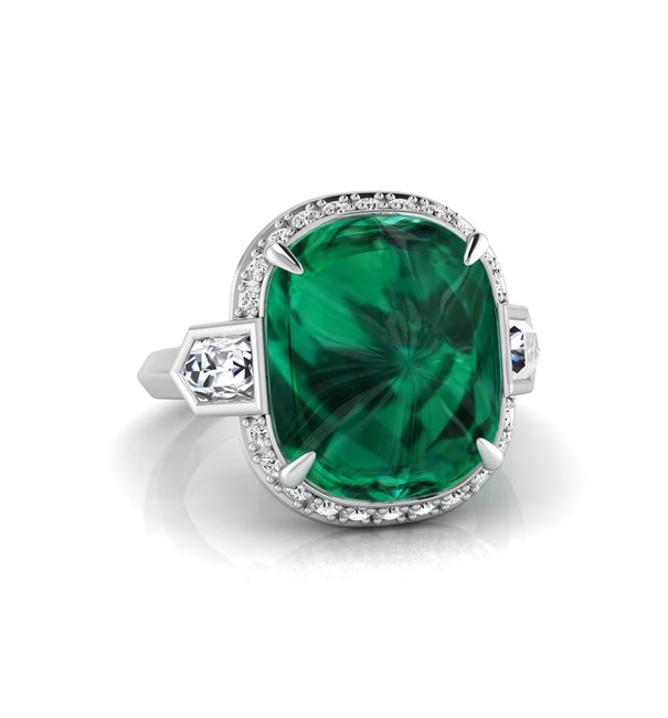 Green Fancy Cabochon Three Stone Half Halo Ring