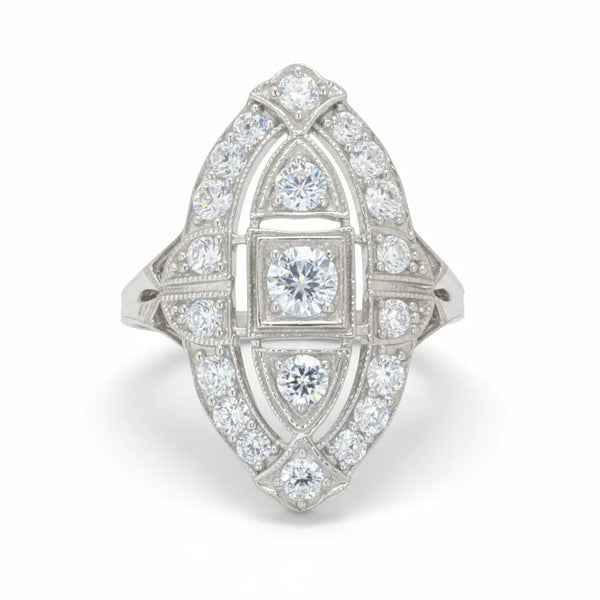 Round Moissanite Art deco Navette Ring For Women
