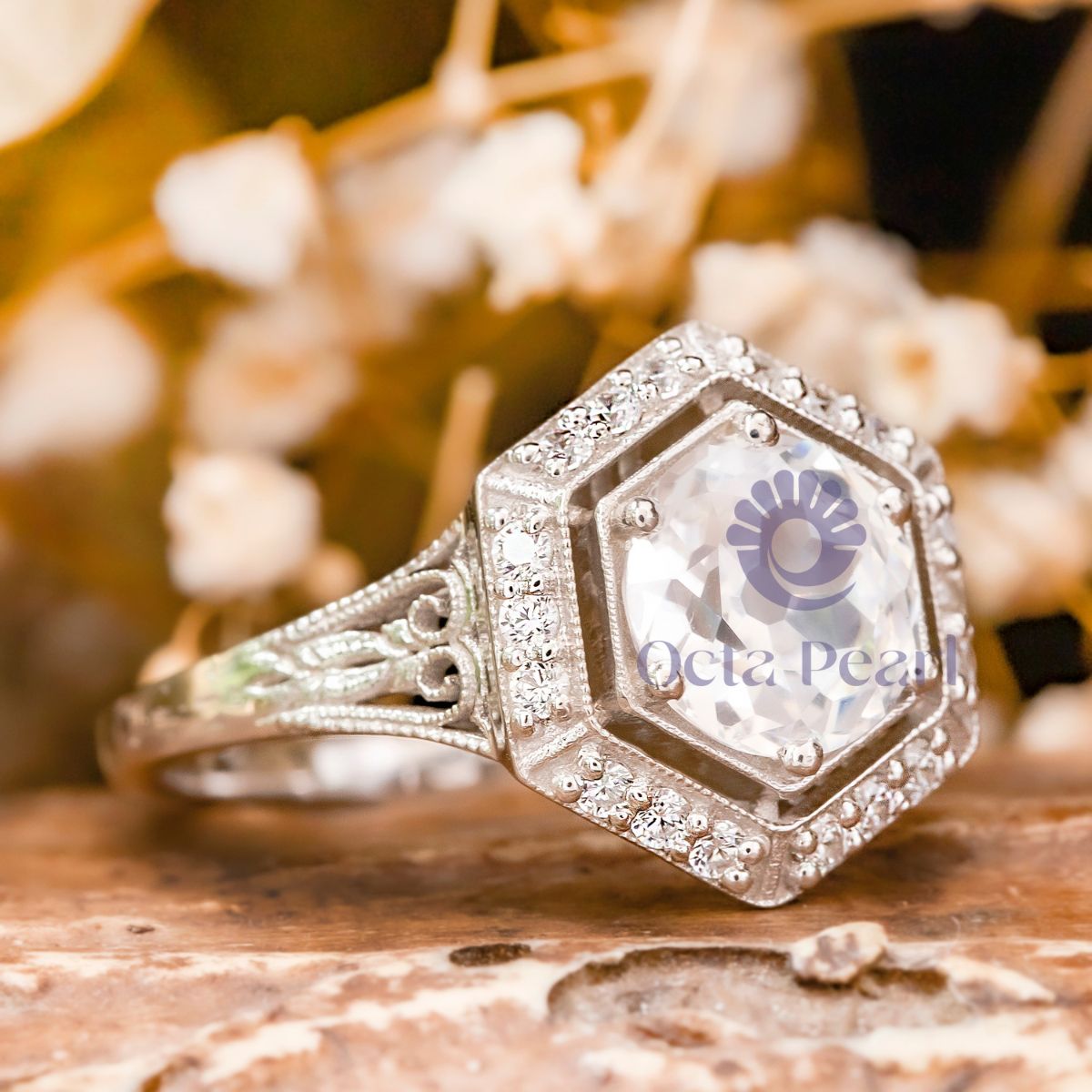 Art Deco Ring Hexagon Art Deco Inspired Hexagon Halo Ring Shahin