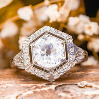 Old European Cut Moissanite Hexagon Halo Art Deco Ring