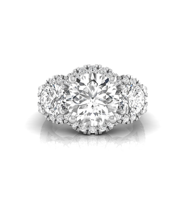 Three Stone Halo Split Shank Round Moissanite Ring