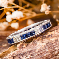 Blue Princess & Round CZ Stone Art Deco Eternity Band