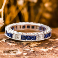 Blue Princess & Round CZ Stone Art Deco Eternity Band