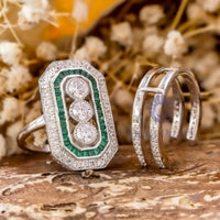 Round CZ Three Stone Halo Wedding Bridal Ring Set