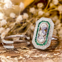 Round CZ Three Stone Halo Wedding Bridal Ring Set