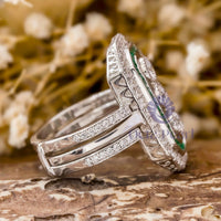 Round CZ Three Stone Halo Wedding Bridal Ring Set