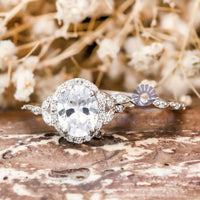 Oval Moissanite Halo Leaf Inspire Bridal Ring Set