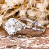 Oval Moissanite Halo Leaf Inspire Bridal Ring Set