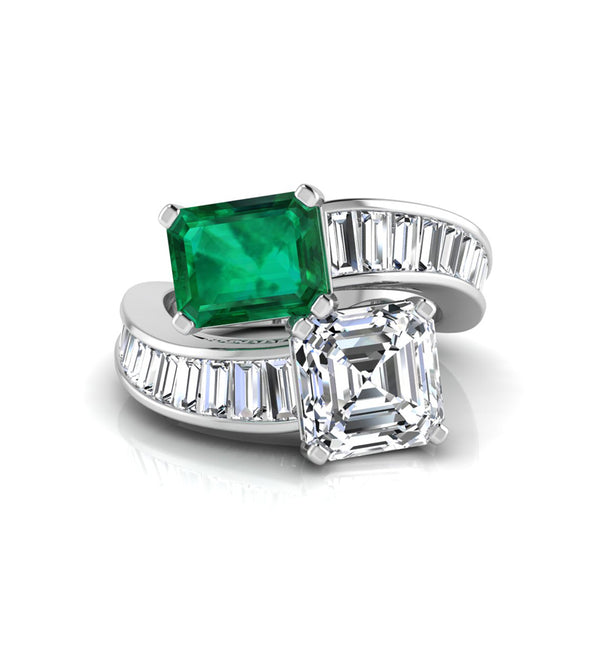 Asscher & Emerald CZ Stone Channel Set Bypass Ring