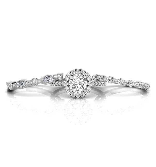 Round CZ Stone Halo Ring With Two Half Eternity Band