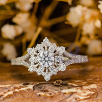 Round Moissanite Split Shank SNOWFLAKE Ring