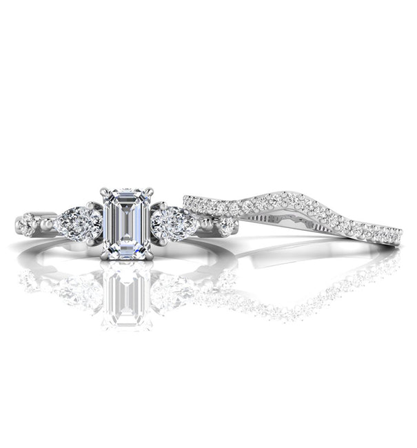 Emerald Cut CZ Stone Curved Wedding Bridal Ring Set