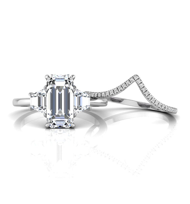 Emerald Cut CZ Three Stone Ring With Chevron Band