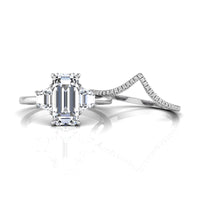 Emerald Cut CZ Three Stone Ring With Chevron Band