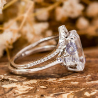 Emerald Cut CZ Three Stone Ring With Chevron Band