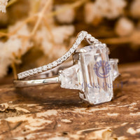 Emerald Cut CZ Three Stone Ring With Chevron Band